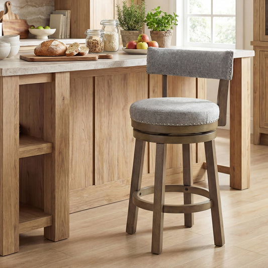 27 Inch Swivel Bar Stool, Upholstered Back Seat, Footrest, Gray Bar Stools Gray at Gallery Canada