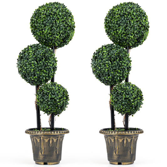 29 Inches Artificial Boxwood Topiary Tree, Triple Ball Shrubs, Set of 2 Faux Plants Green at Gallery Canada