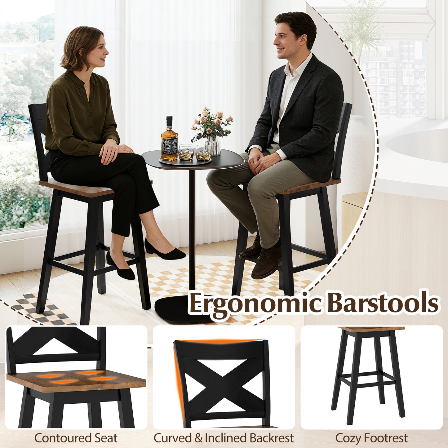 29" Rubberwood Swivel Barstools Set of 4 with Backrest and Large Seat, Black Bar Stools at Gallery Canada