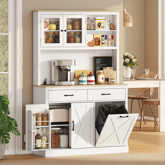 69" Pantry Cabinet With Charging Station, Microwave Stand, Tilt-Out Trash Can, White Kitchen Pantry Cabinets White, Oak at Gallery Canada