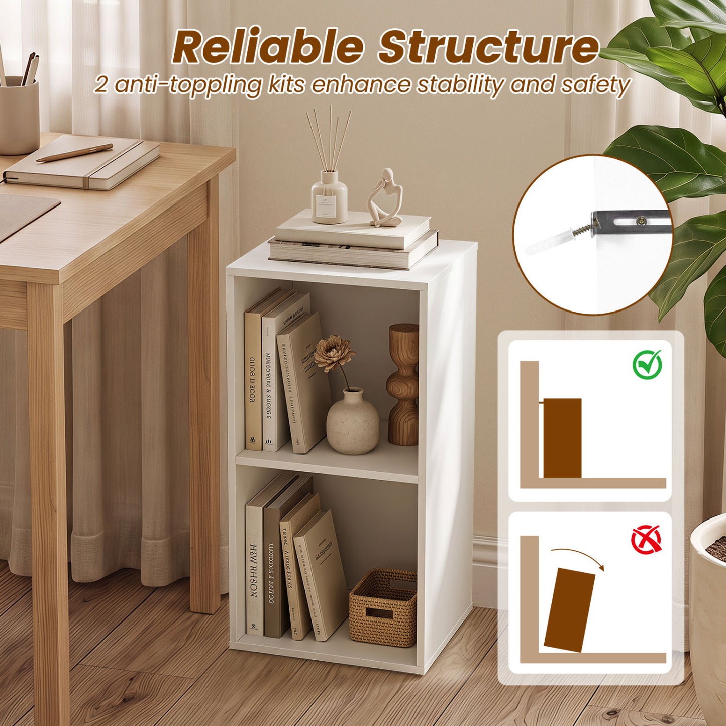 Freestanding 2-Cube Bookshelf, 2 Compartments, Anti-Tipping, White Bookcases at Gallery Canada
