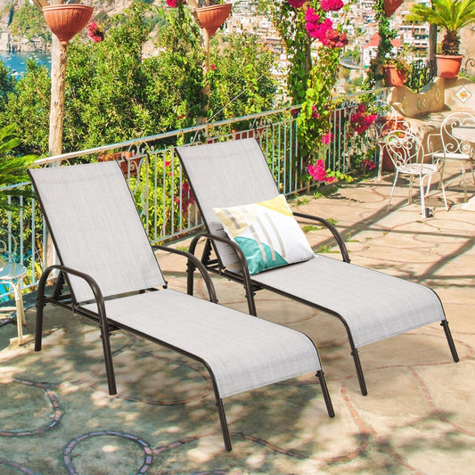 Outdoor Patio Lounge Chair, 2 Pieces, Adjustable Reclining Armrest, Gray Outdoor Chaise Lounges Gray at Gallery Canada