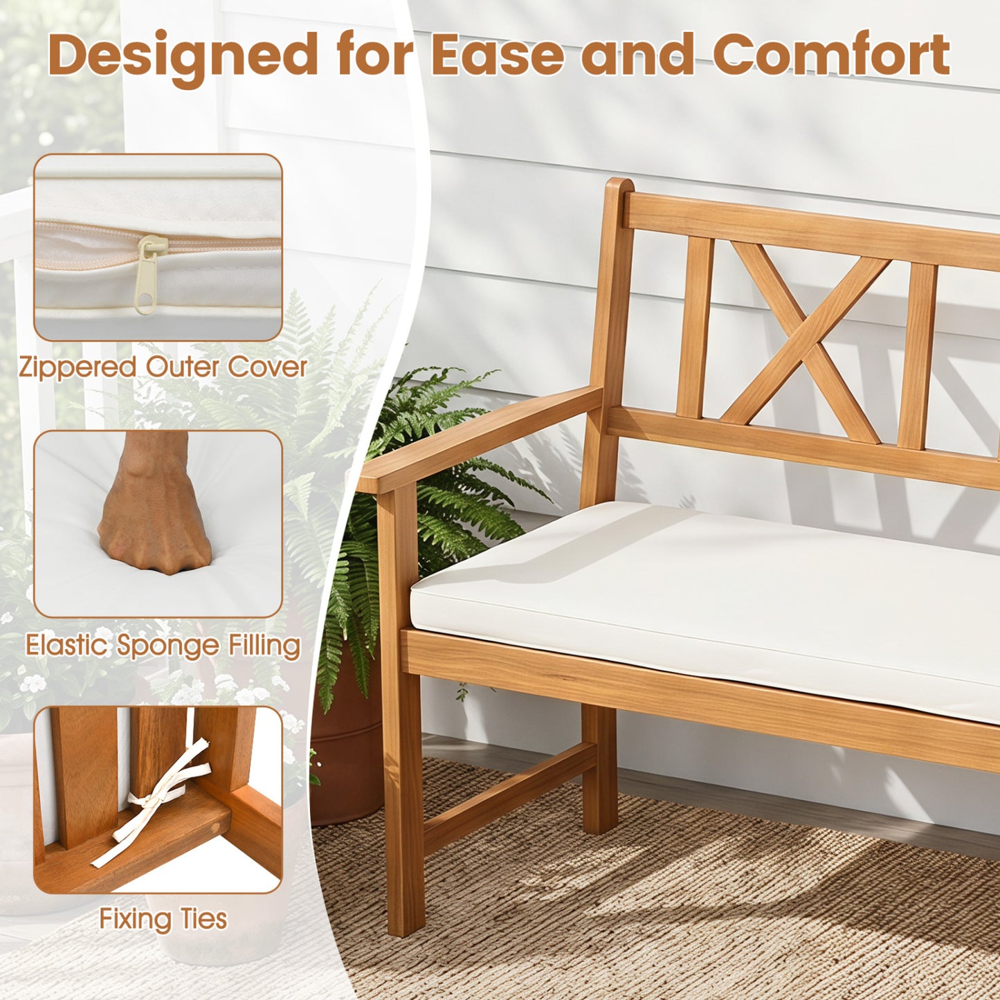 2-Person Acacia Wood Garden Chair, Natural & White Outdoor Benches at Gallery Canada