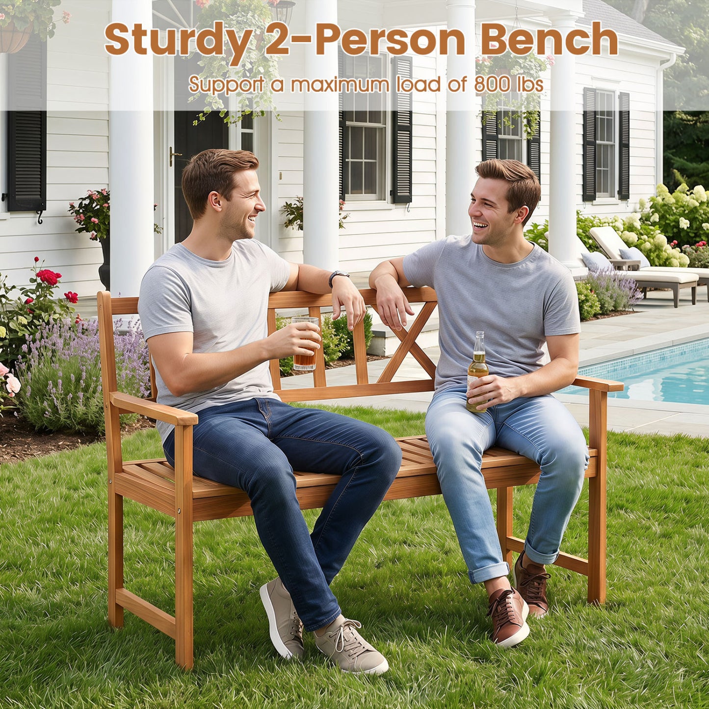 2-Person Patio Acacia Wood Garden Chair with Armrests and X-Shaped Backrest for Garden Outdoor Benches at Gallery Canada