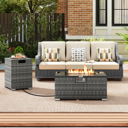 32 Inch Rectangle Gas Fire Table Set, 2-Piece Rattan, Gray Fire Pit Tables Gray at Gallery Canada