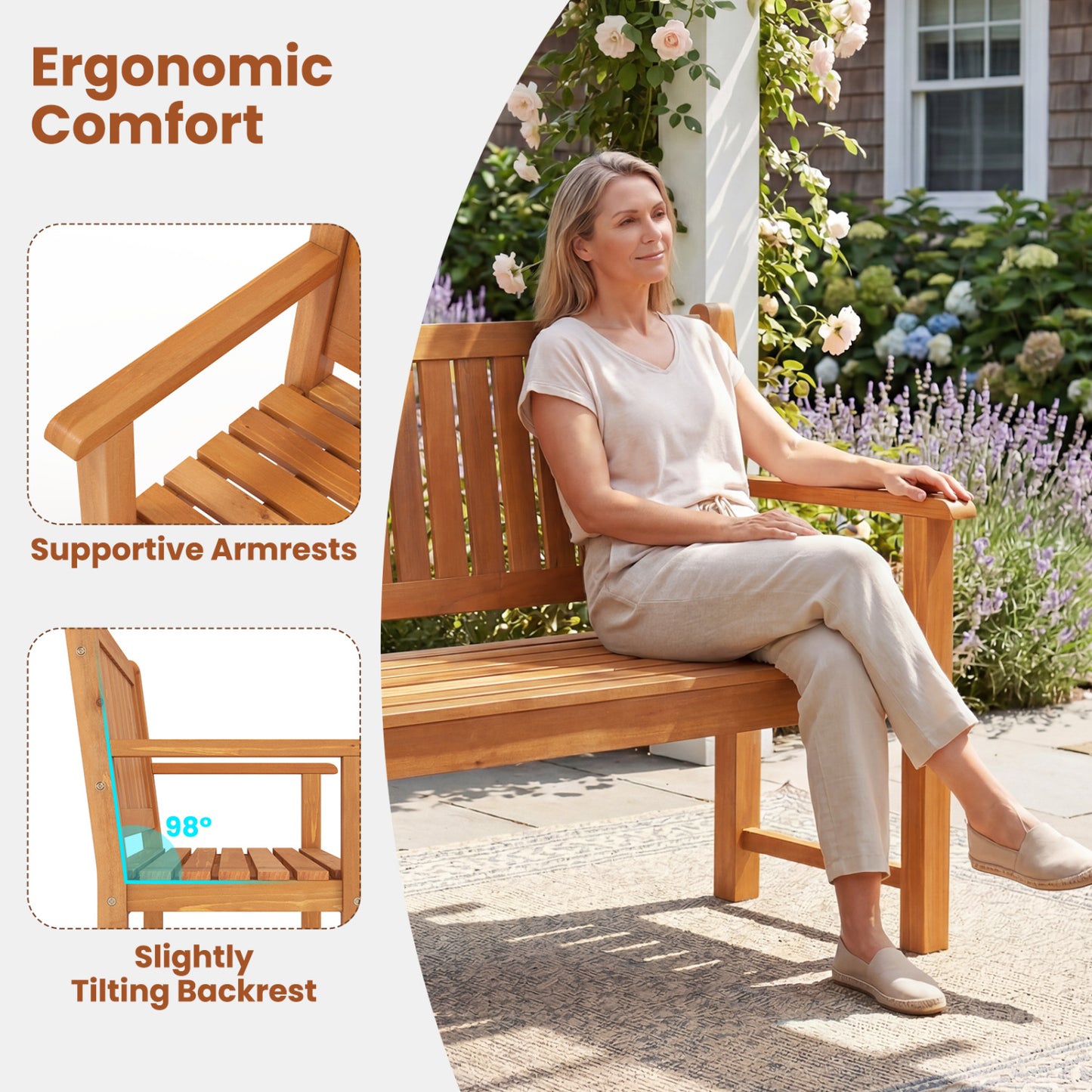 2-Seater Outdoor Wooden Bench with Backrest, Natural Outdoor Benches at Gallery Canada