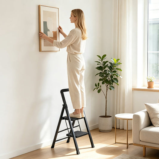 2 Step Folding Step Stool, Wide Anti-slip Pedals, Black Ladders Options at Gallery Canada