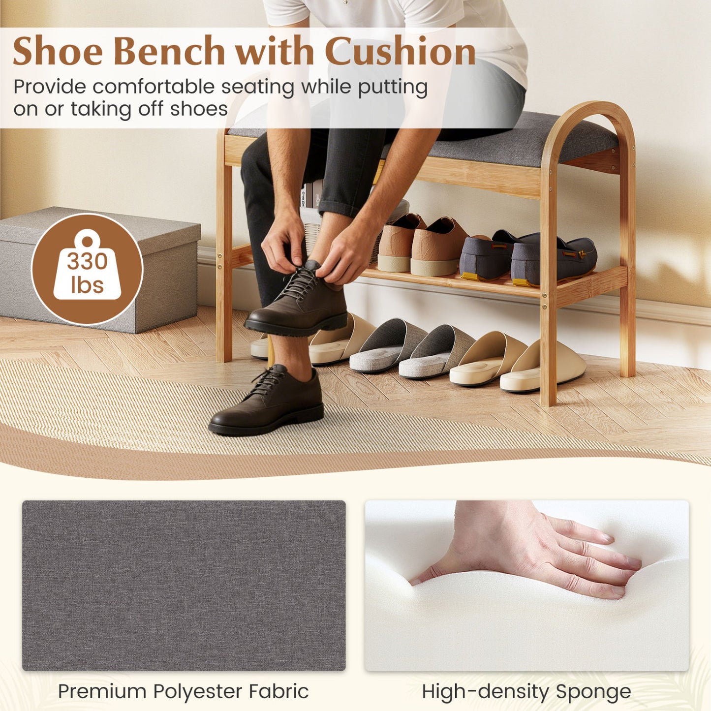 2-Tier Bamboo Shoe Bench with Padded Cushion and Shelf, Gray Shoe Racks & Storage Benches at Gallery Canada