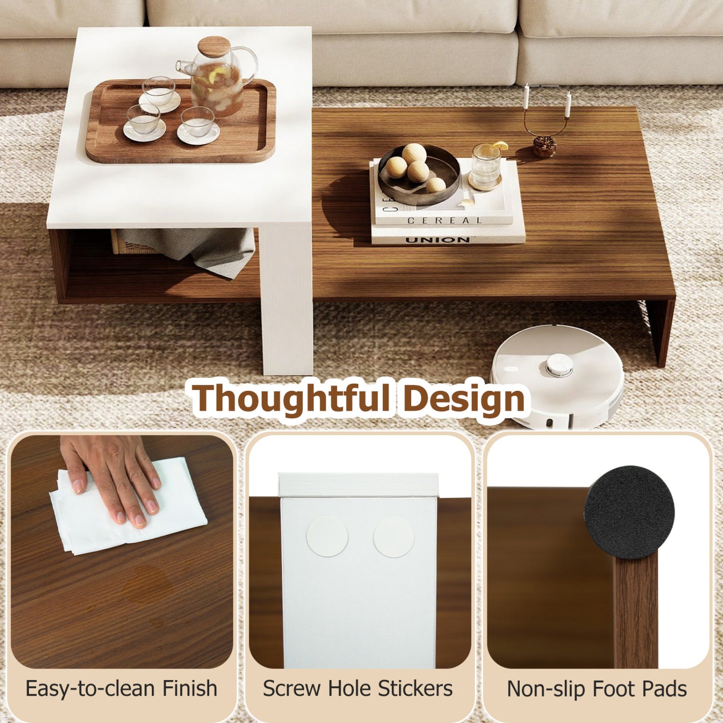 2-Tier Irregular Coffee Table With Open Shelf, Brown & White Coffee Tables at Gallery Canada