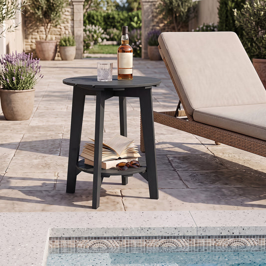 Eucalyptus Wood Side Table with Storage Shelf, Black Patio Coffee Tables Black at Gallery Canada