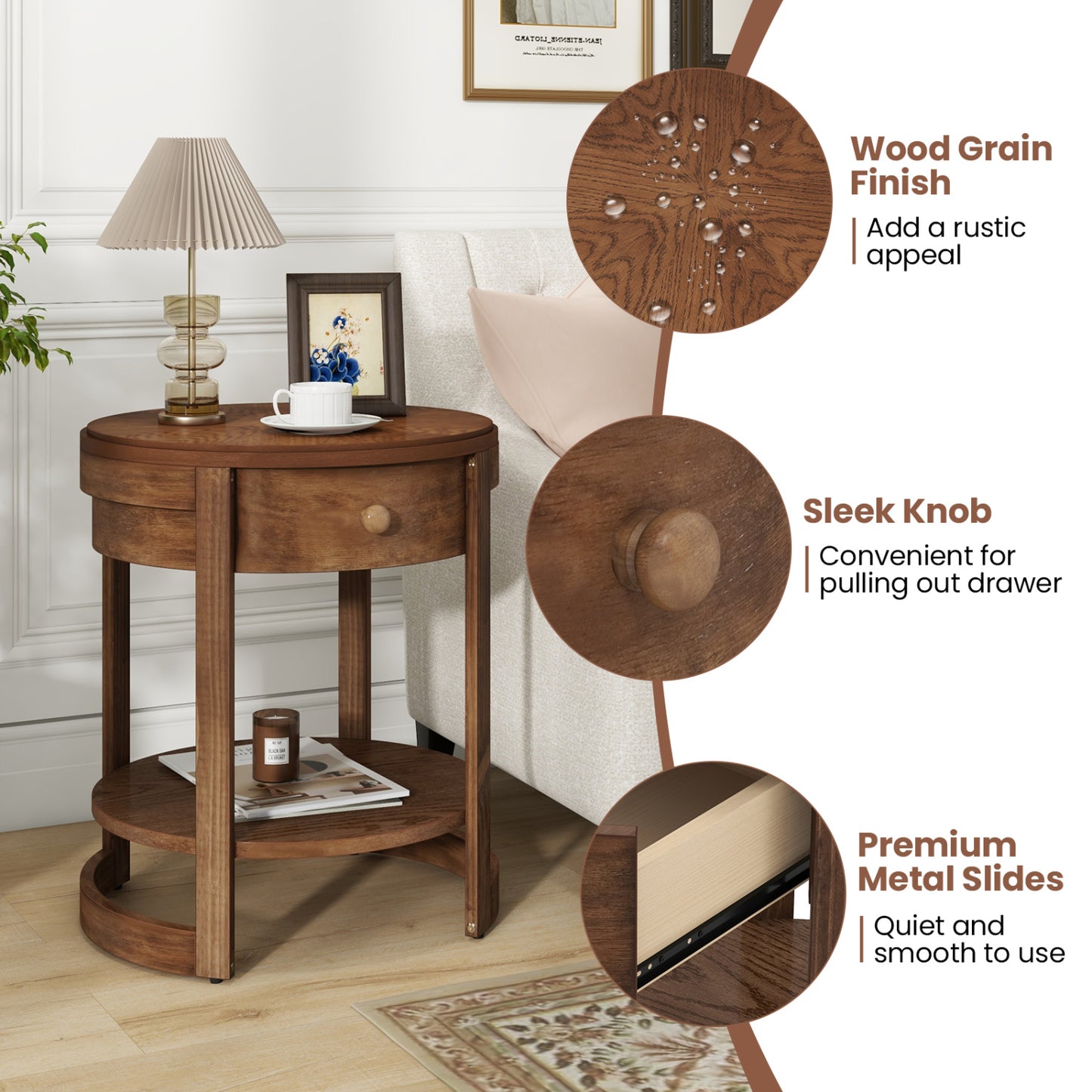2-Tier Round End Table, Mid Century Modern Nightstand, Drawer And Shelf, Brown End & Side Tables at Gallery Canada