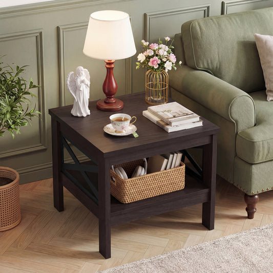 2-Tier Square Side Table With Storage Shelf, X-Frame, Brown End & Side Tables Brown at Gallery Canada