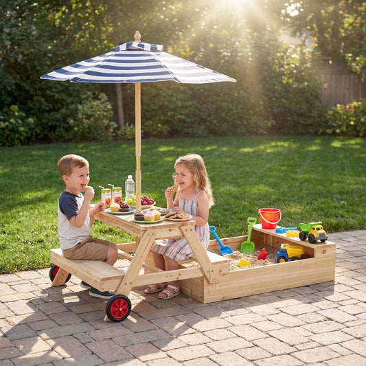 2-In-1 Wooden Sandbox With Umbrella Picnic Table, Blue Picnic Tables Blue at Gallery Canada