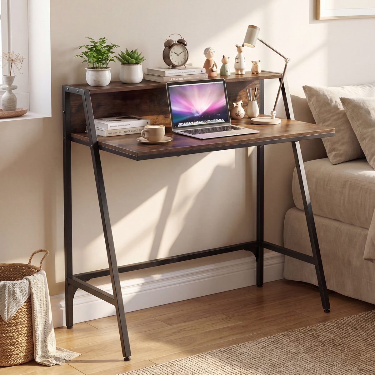 Industrial Desk With Raised Shelf, 31.5", Rustic Brown Computer Desks at Gallery Canada