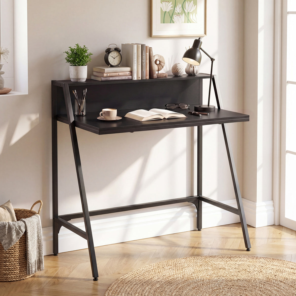 31.5" Industrial Desk With Raised Shelf, Black Computer Desks at Gallery Canada