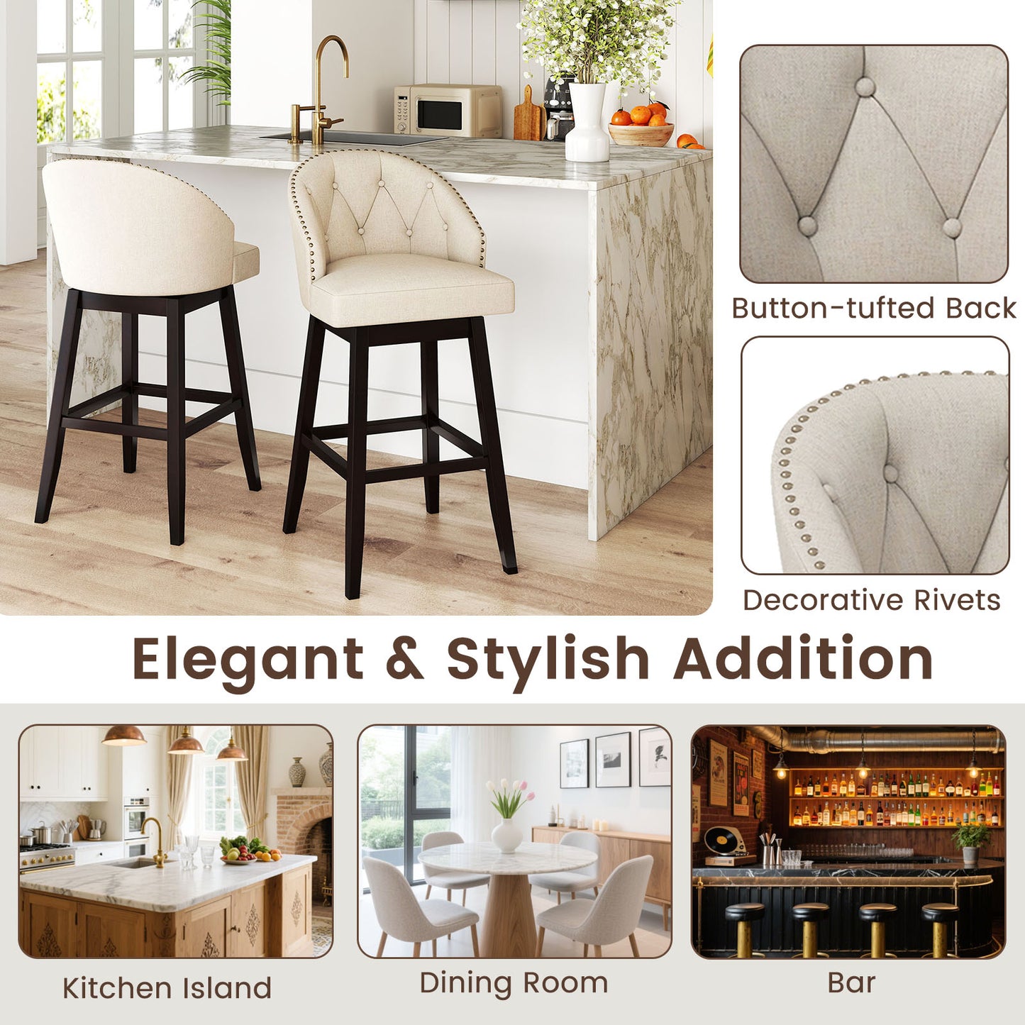 31 Inch Bar Stools Set of 4, Padded Swivel Seat, Rubber Wood Frame, Beige Bar Stools at Gallery Canada