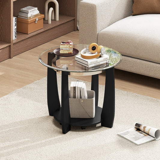32" 2-Tier Glass Round Coffee Table with Storage Shelf, Black Coffee Tables Black at Gallery Canada