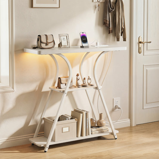 32 Inch Narrow Entryway Table with Power Outlets & LED Lights, Oak Console Tables Oak at Gallery Canada