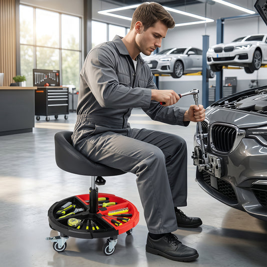 360° Rolling Mechanic Stool With Tool Tray, Red Garages Red at Gallery Canada