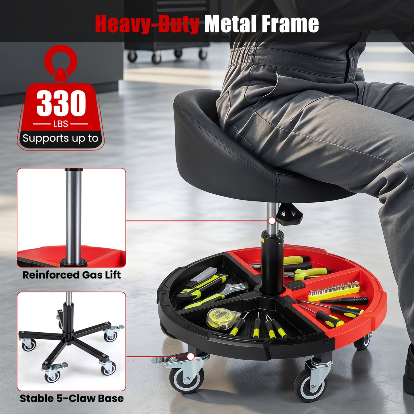 360° Rolling Mechanic Stool With Tool Tray, Red Garages at Gallery Canada