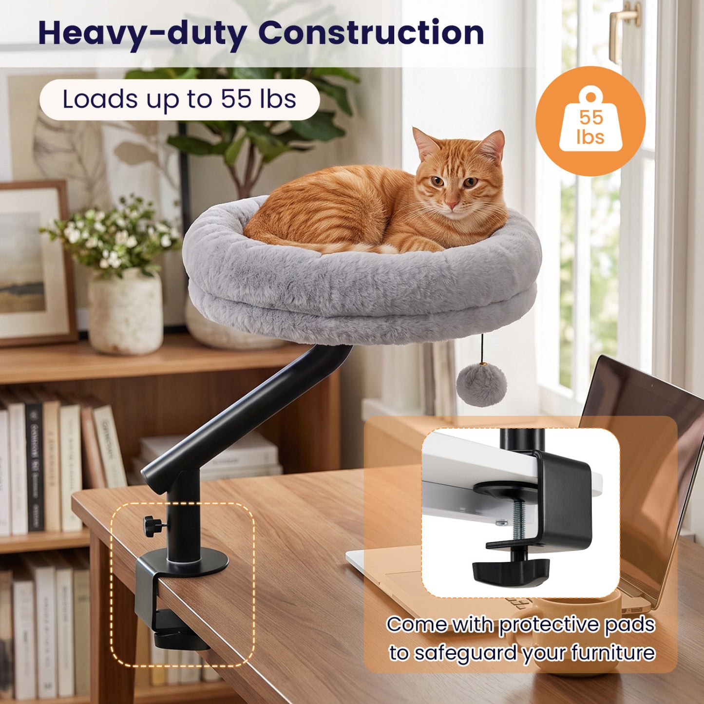 Lit de bureau pour chat rotatif à 360°, perchoir amovible, gris