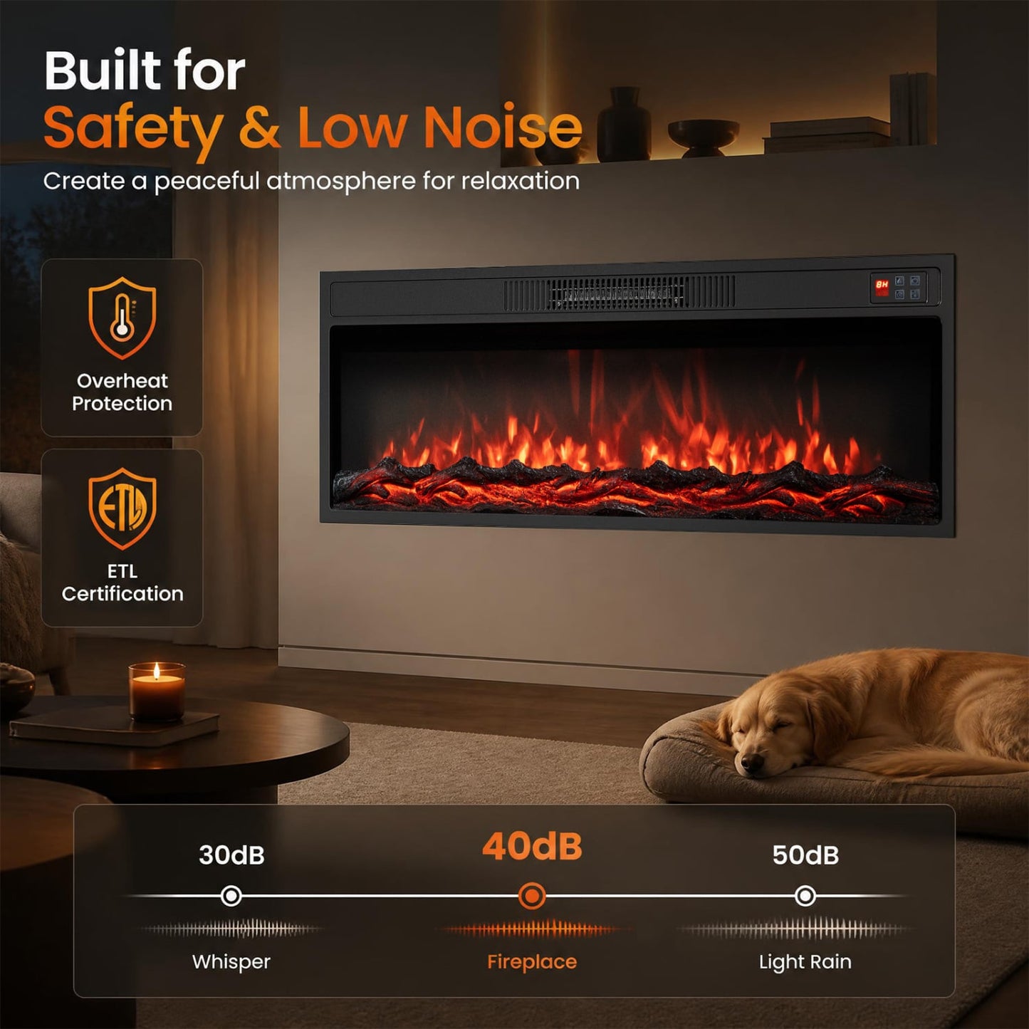 36 Inch Recessed Electric Fireplace, Adjustable Flame, Colors