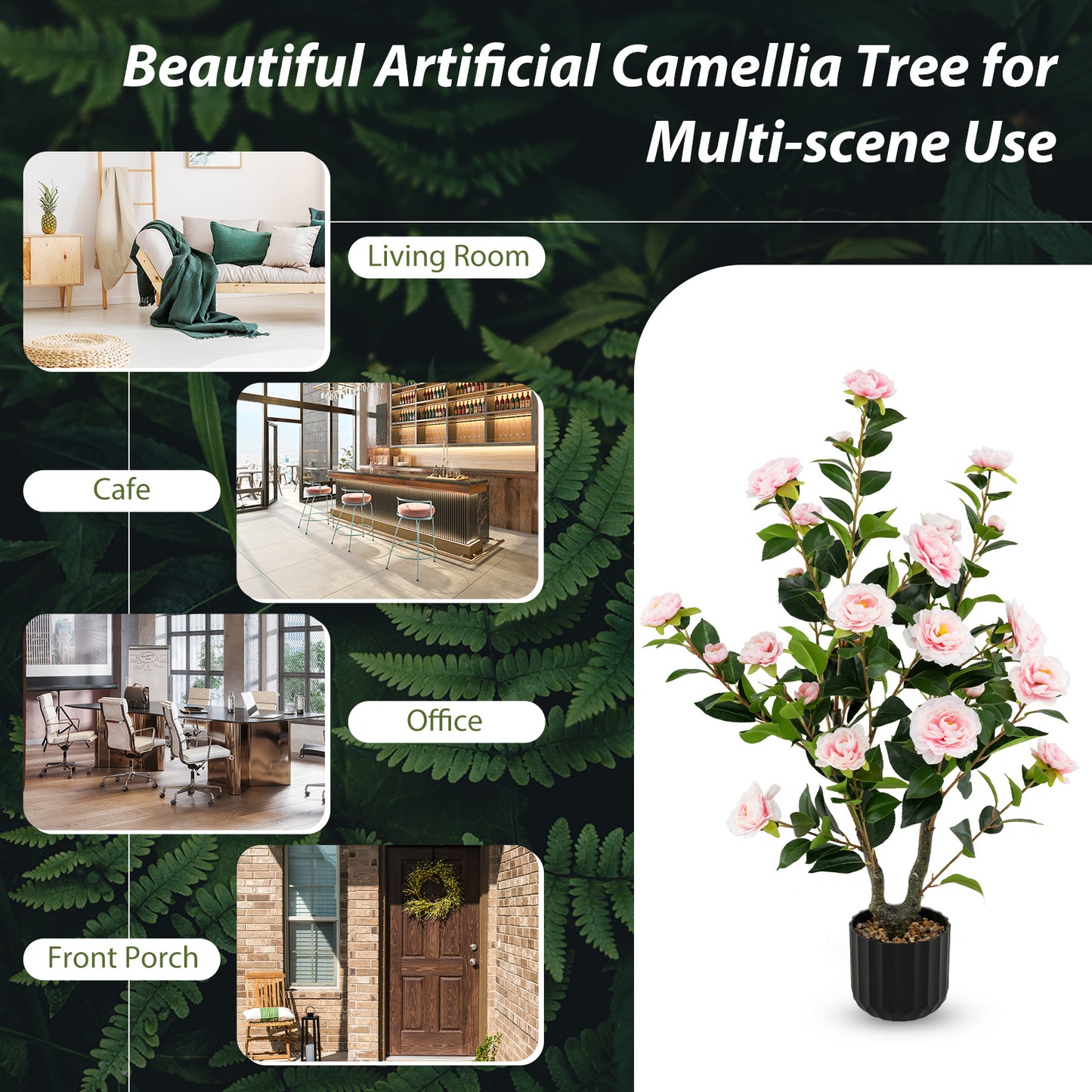 38 Inch Artificial Camellia Tree, Cement Pot, Pink Faux Plants at Gallery Canada