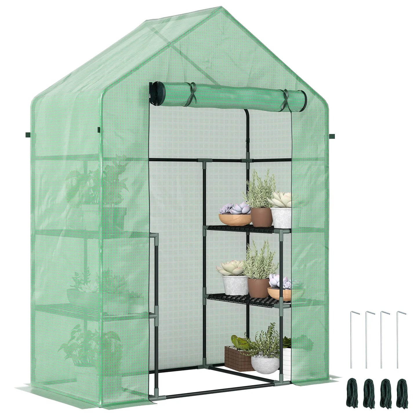 3-Tier Mini Greenhouse, 4 Shelves, Roll-Up Door, 56" x 29" x 77", Green Walk In Greenhouses at Gallery Canada
