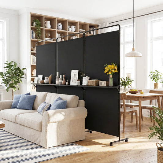 3-Panel Room Divider With Shelves, 6 FT Tall, Black Room Dividers Black at Gallery Canada