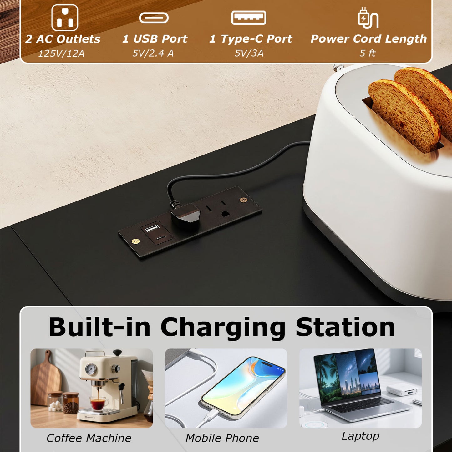 3-Piece L-Shaped Kitchen Set, 2 AC Outlets & USB, Black Dining Room Sets at Gallery Canada