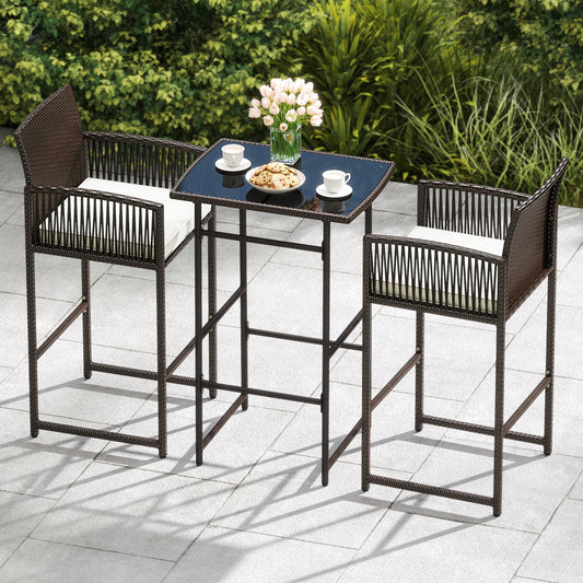 3 Piece Patio Bar Set Outdoor Wicker Bar Height Table and Armchairs with 2 Seat Cushions, White Patio Conversation Sets White at Gallery Canada