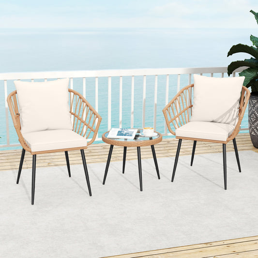 3 Piece Patio Bistro Set, PE Rattan Chairs, Tempered Glass Table, Natural Patio Conversation Sets Natural at Gallery Canada