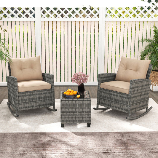 3-Piece Patio Rattan Rocker Chairs With Glass Table, Yellow