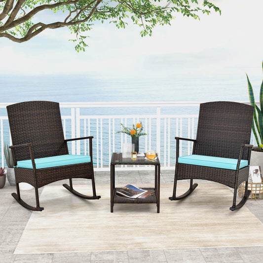 3 Piece Patio Rocking Set, Wicker Rocking Chairs, 2-Tier Coffee Table, Turquoise Patio Conversation Sets Turquoise at Gallery Canada