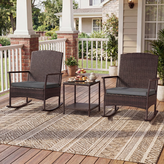 3 Piece Patio Rocking Set, Wicker Chairs, 2-Tier Coffee Table, Gray Patio Conversation Sets Gray at Gallery Canada