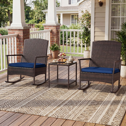 Wicker 3-Piece Patio Rocking Set with Coffee Table, Navy Patio Conversation Sets Navy at Gallery Canada