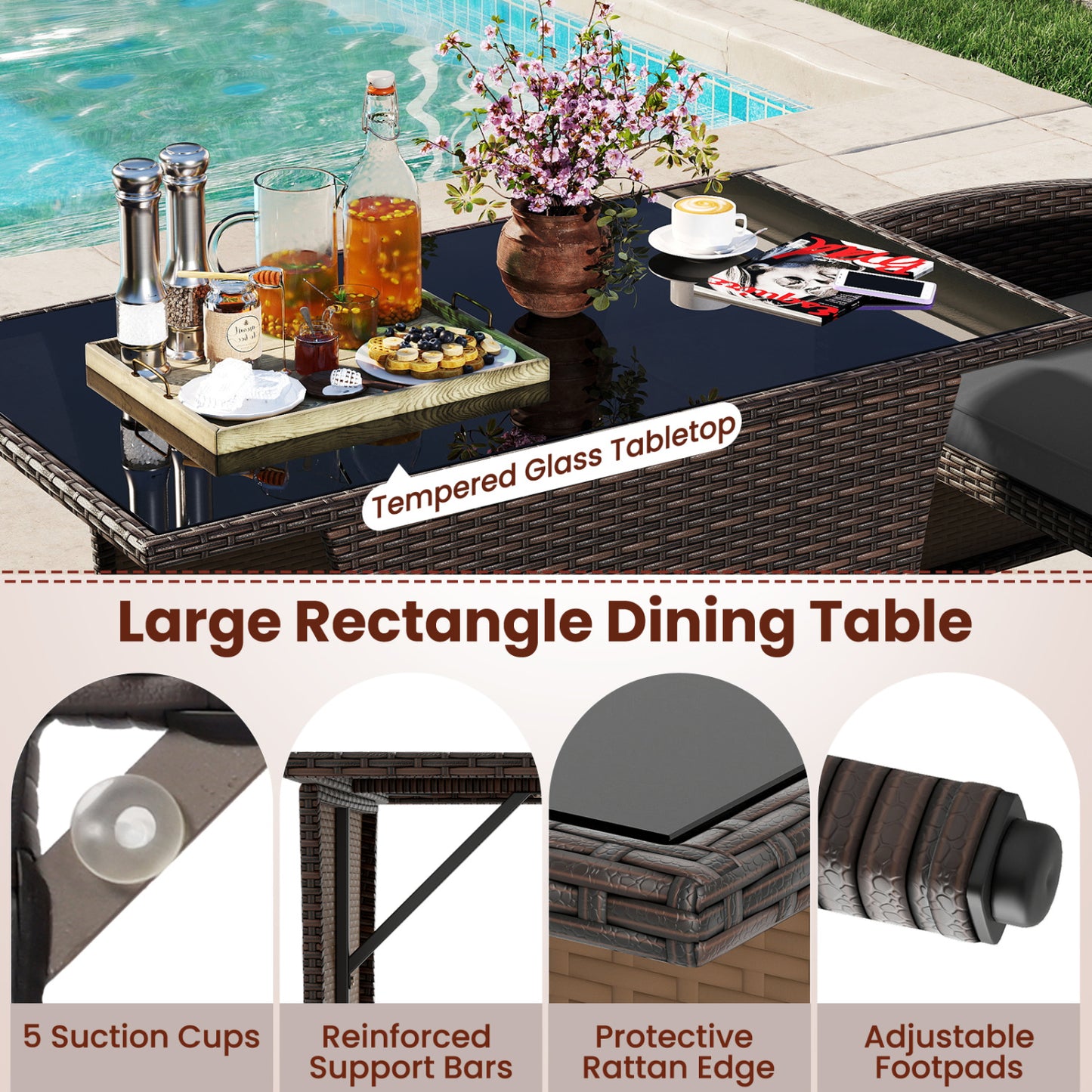 3 Piece Patio Wicker Dining Set, Glass Table, Gray