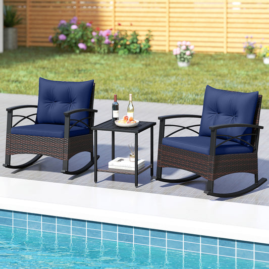 3 Piece Rocking Bistro Set PE Rattan Rocker Chairs with Acacia Wood Top Table, Navy Patio Conversation Sets Navy at Gallery Canada