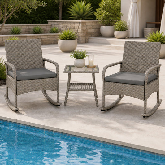 3-Piece Wicker Rocking Bistro Set With Cushions, Gray Patio Dining Sets Gray at Gallery Canada