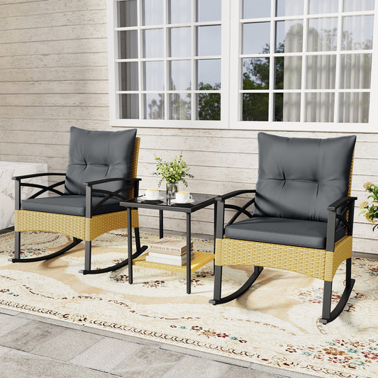 3-Piece Outdoor Rattan Rocking Chairs Set With 2-Tier Side Table, Gray Patio Conversation Sets Gray at Gallery Canada