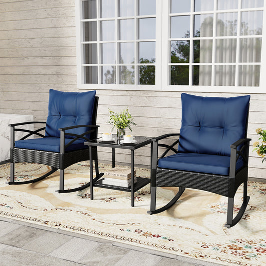 Outdoor Rattan Rocking Chairs Set, 3 Pieces, 2-Tier Side Table, Navy Patio Conversation Sets Navy at Gallery Canada