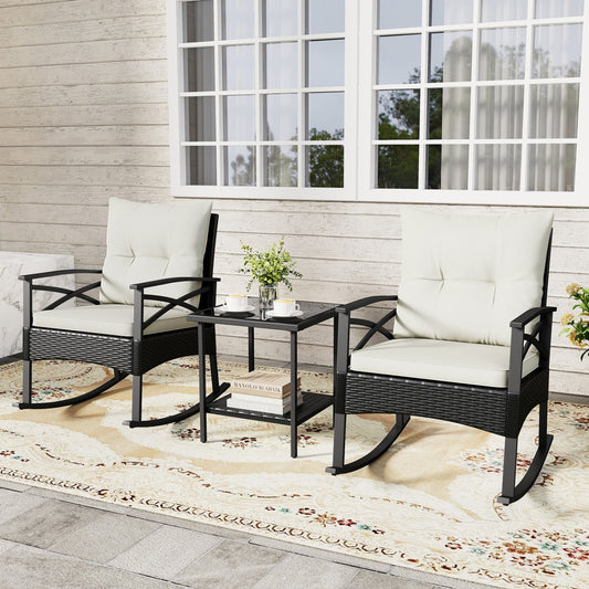 Outdoor Rattan Rocking Chairs Set, 2-Tier Side Table, White Patio Conversation Sets White at Gallery Canada