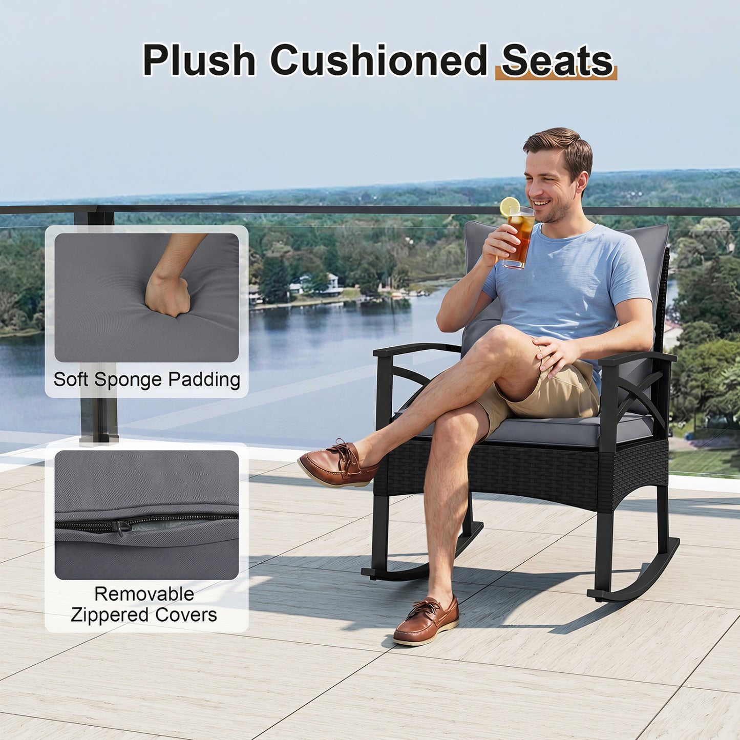 3 Piece Outdoor Rattan Rocking Chairs Set with Side Table, Black & Gray Patio Conversation Sets at Gallery Canada