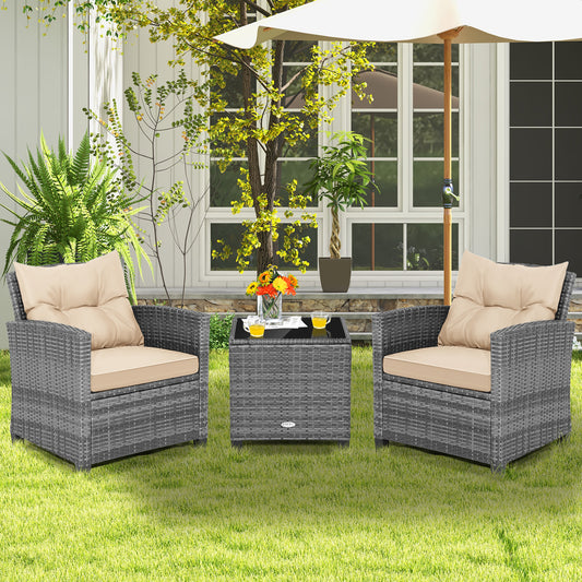 3 Piece Outdoor Wicker Conversation Set, Tempered Glass Tabletop, Beige Patio Conversation Sets Beige at Gallery Canada