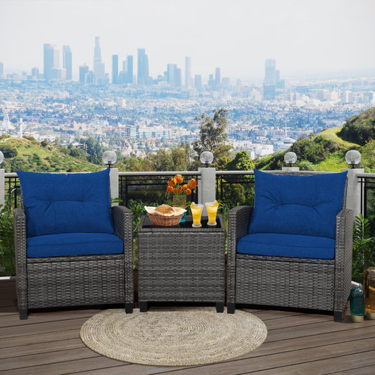 Outdoor Wicker Conversation Set, 3 Pieces, Tempered Glass Tabletop, Navy Patio Conversation Sets Navy at Gallery Canada