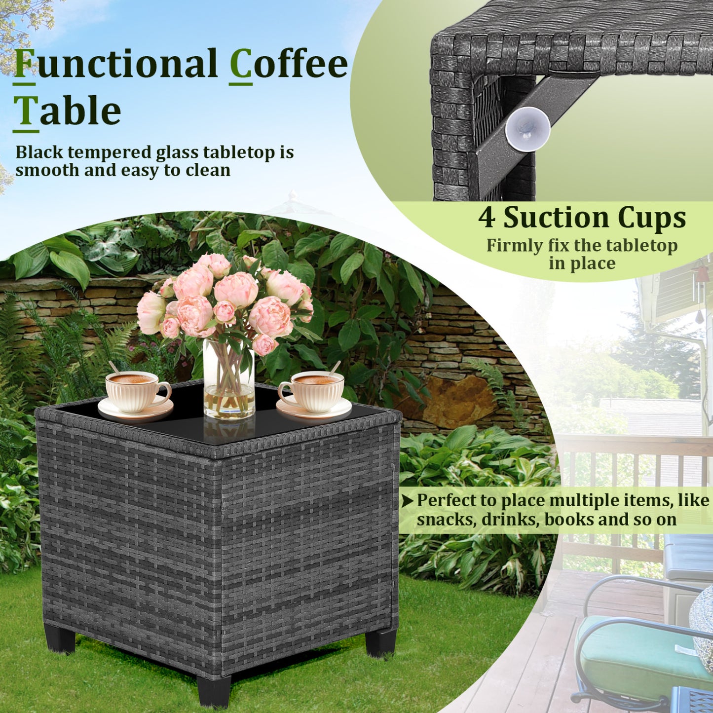 Outdoor Wicker Conversation Set, 3 Pieces, Tempered Glass Tabletop, Navy Patio Conversation Sets at Gallery Canada