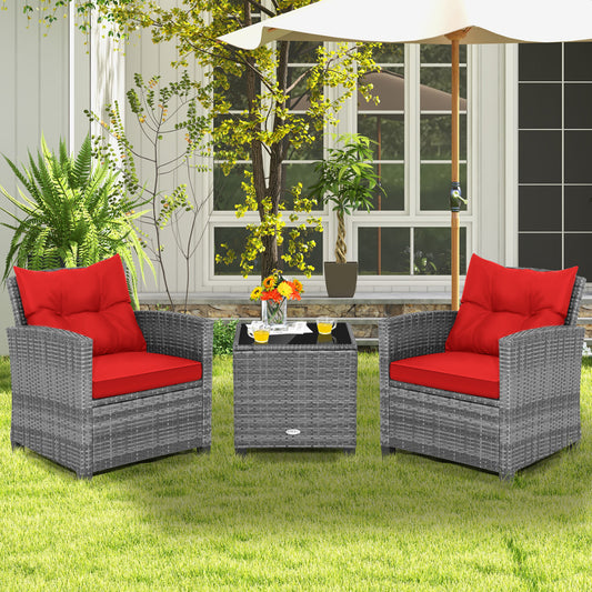 3 Piece Outdoor Wicker Conversation Set, Tempered Glass Tabletop, Red Patio Conversation Sets Red at Gallery Canada