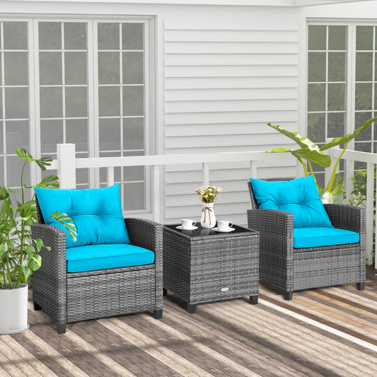 Outdoor Wicker Conversation Set, 3 Pieces, Tempered Glass Tabletop, Turquoise Patio Conversation Sets Turquoise at Gallery Canada