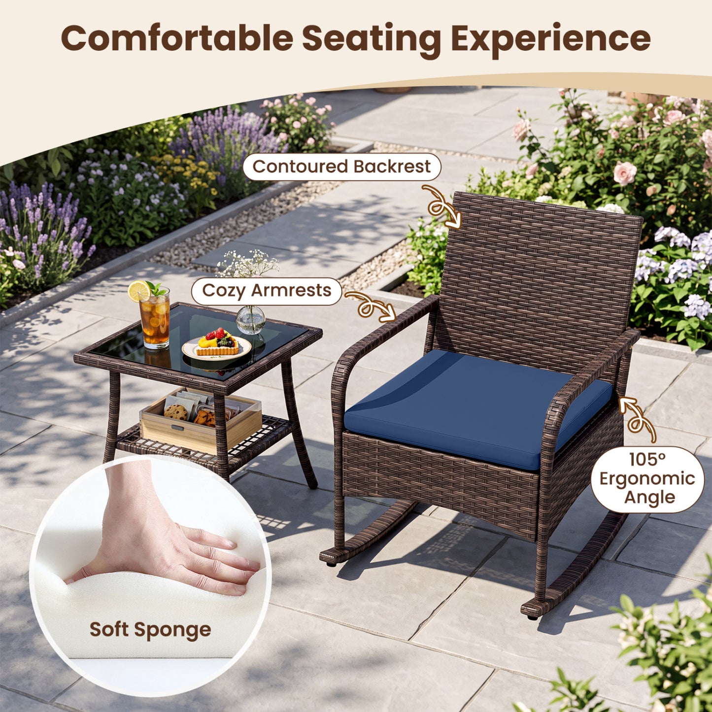 3-Piece PE Wicker Rocking Bistro Set, Navy