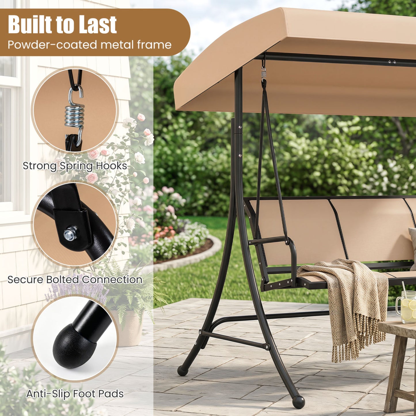 3-Seat Patio Swing Chair with Adjustable Canopy , Beige Porch Swings at Gallery Canada